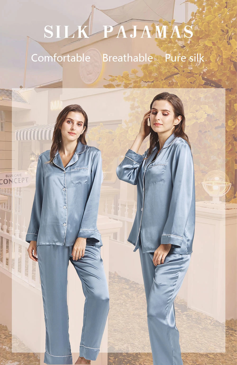 16/19/22/25 Momme Long Sleeve Silk Pajamas Set Comfortable and Soft Silk Sleepwear