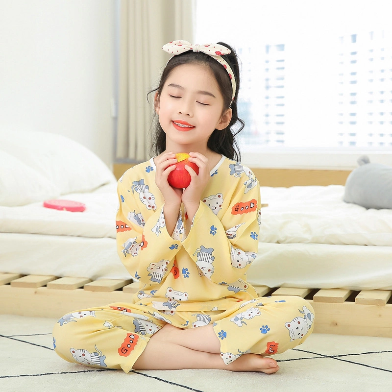 Childrens Cotton Silk Pajamas Summer Home Wear Girls Thin Boys Big Boys Spring and Autumn Long Sleeves Boys Cotton Silk Air Conditioning Pajamas