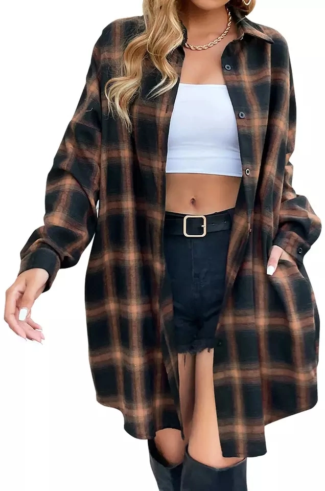 Long Plaid Shirt Women′s Spring Clothes Versatile Blouse