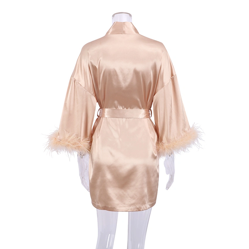 Womens Pyjamas Satin Silk Ostrich Feathers Trim Night Dress Pajamas Bridal Robe with Feathers