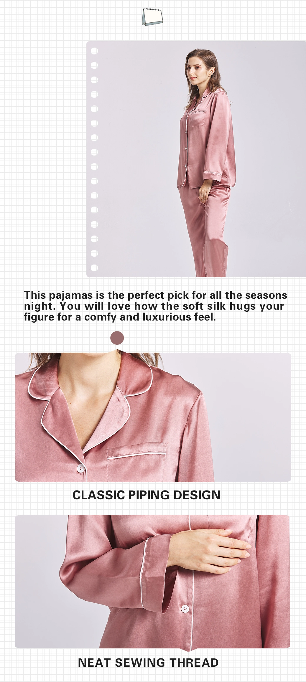 New Style Pure Color Silk Pajama Sets Long Sleeve Pyjama Silk Sleepwear