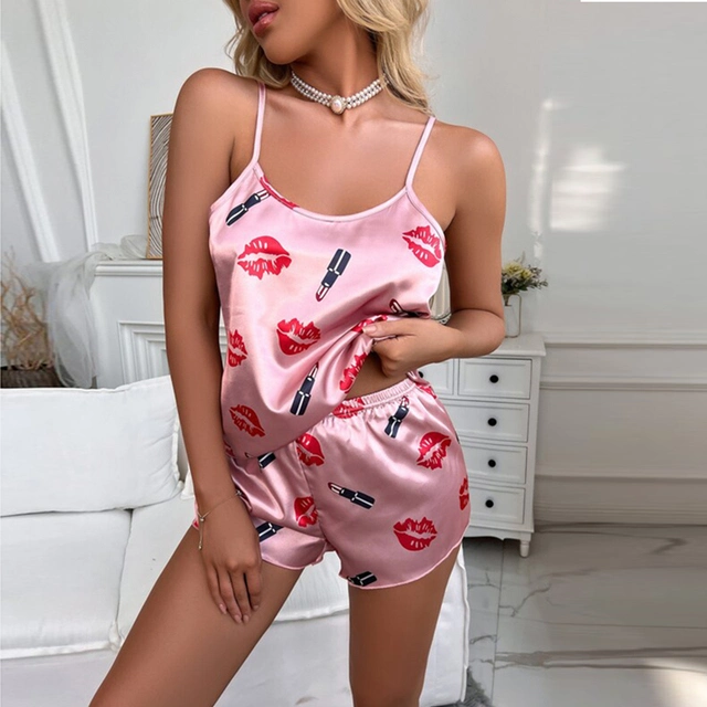 Custom Design Sexy Floral Pajama Set Women′s 2 Pieces Sleepwear Pyjamas Silk Satin Cami Top and Shorts Pajamas for Women