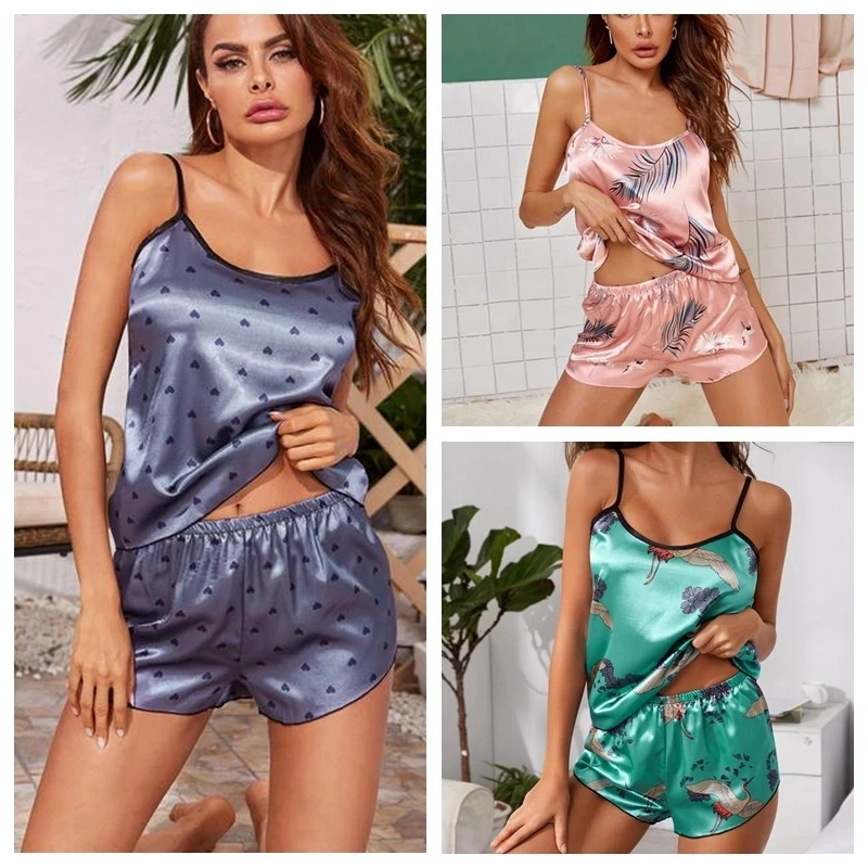 Custom Design Sexy Floral Pajama Set Women′s 2 Pieces Sleepwear Pyjamas Silk Satin Cami Top and Shorts Pajamas for Women