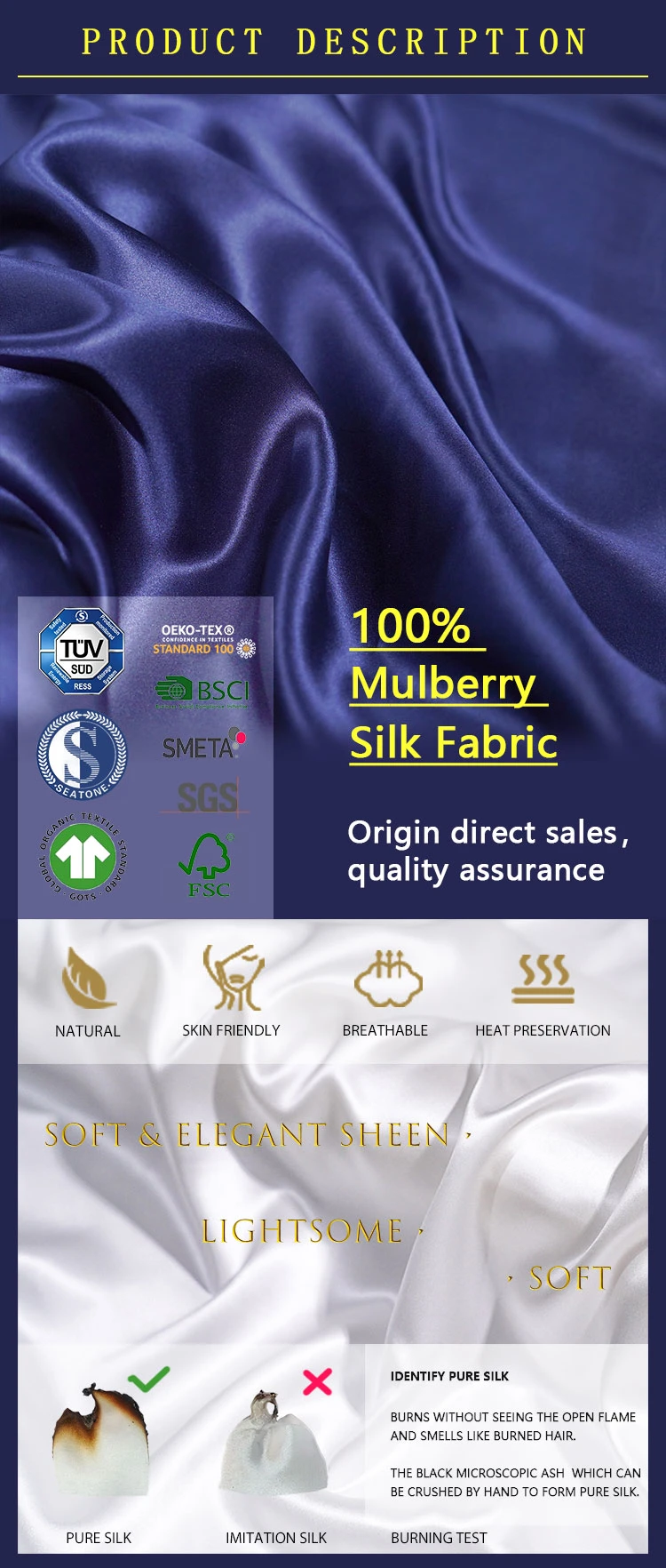 China High Quality 100% Mulberry Silk Fabric in 6A Grade