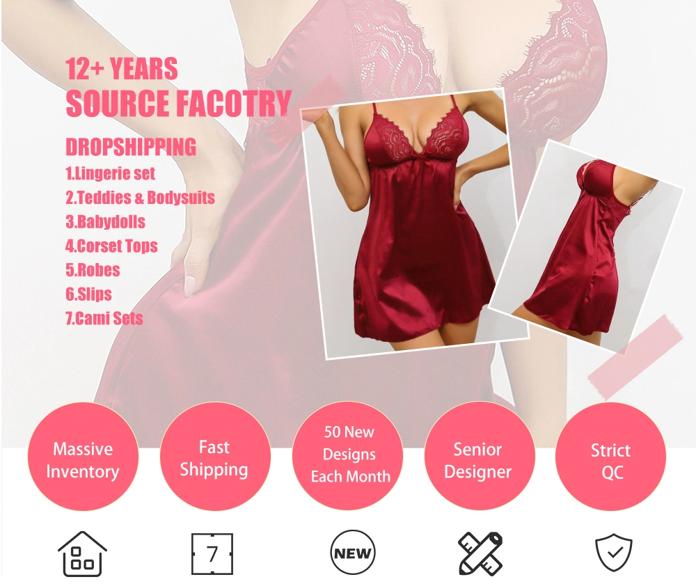 New Sexy Red Lingerie Transparan Summer Sexy Women′s Ladies Bride Robes Backless Robe Satin Silk Lace Night Wear Gown Sleepwear